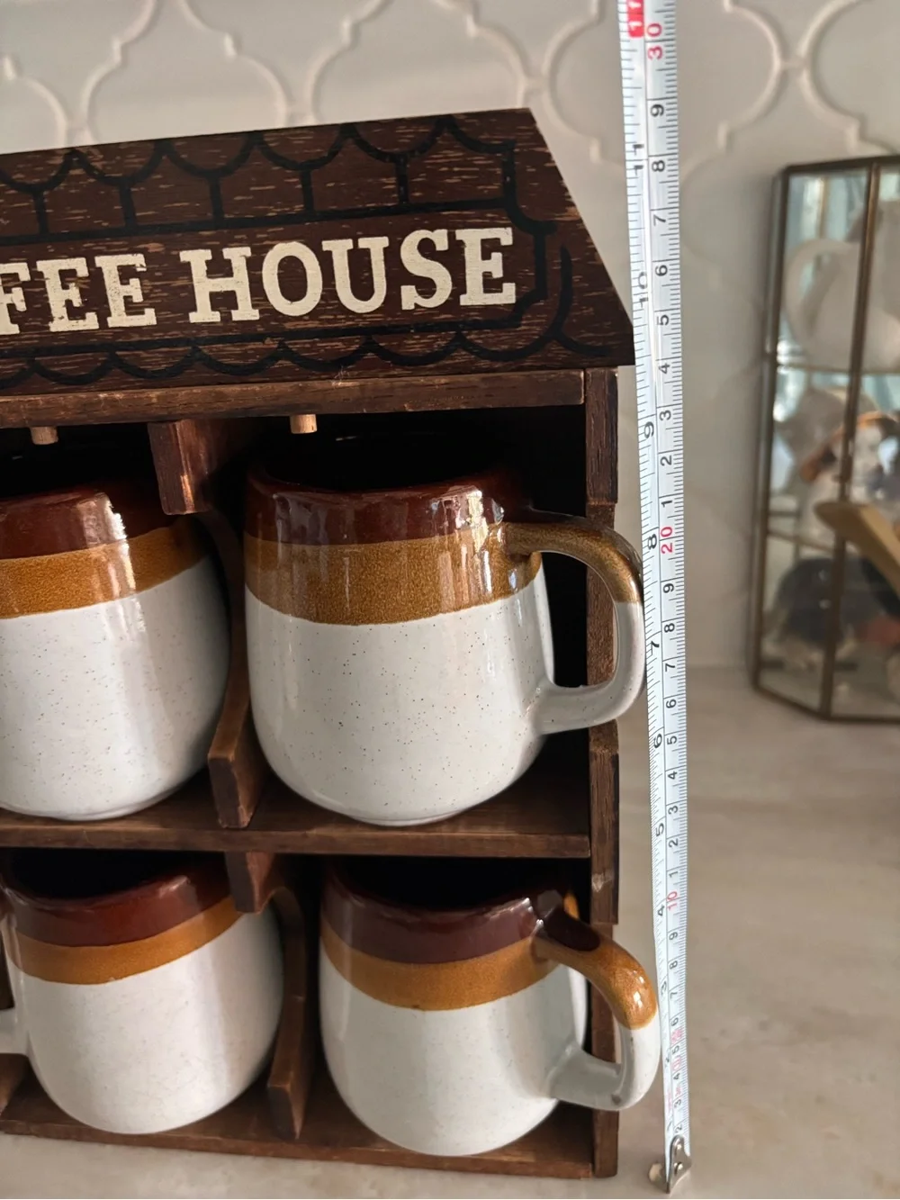 Coffee House Ceramic Mug Set with Wooden Rack - Brown & White